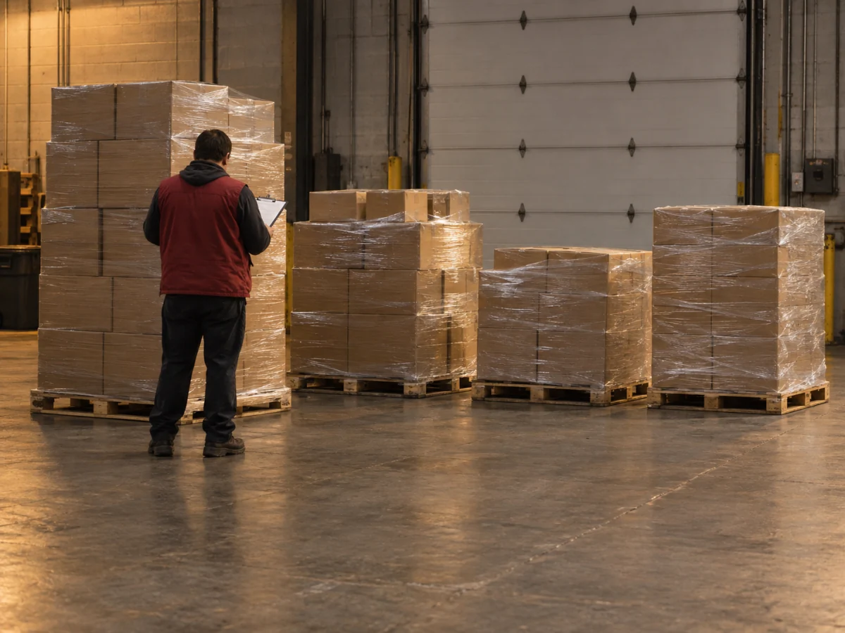 Shrink-wrapped pallets of cases staged by a dock door while a worker checks them against a clipboard