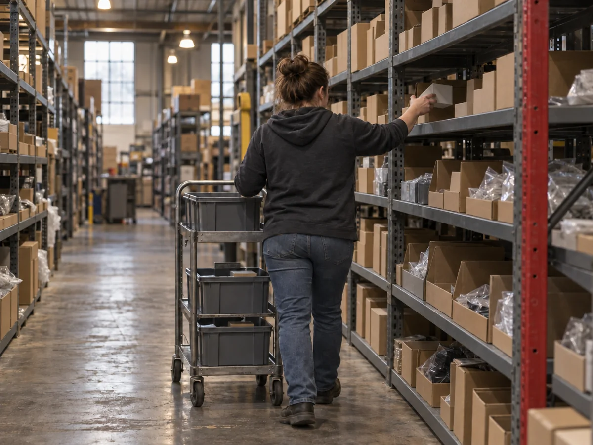 Worker pushing a picking cart of totes down a warehouse aisle, pulling an item from shelving