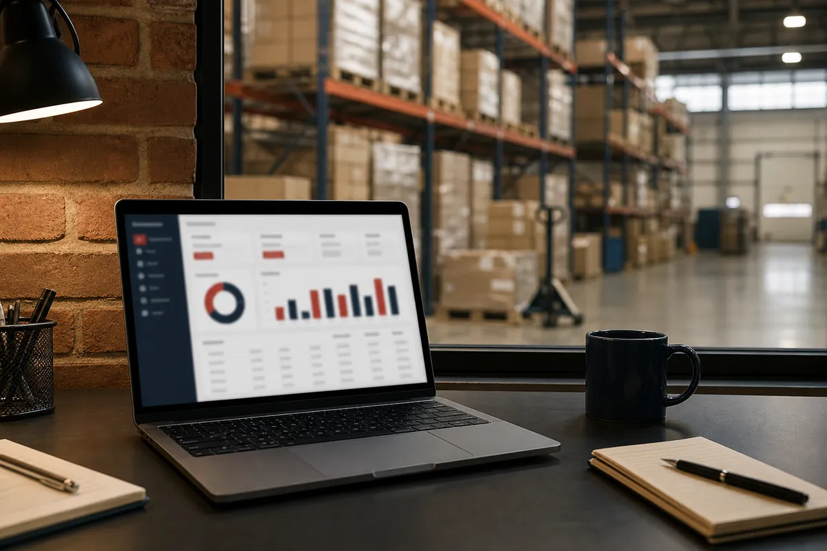 Inventory visibility dashboard on a monitor in a warehouse office
